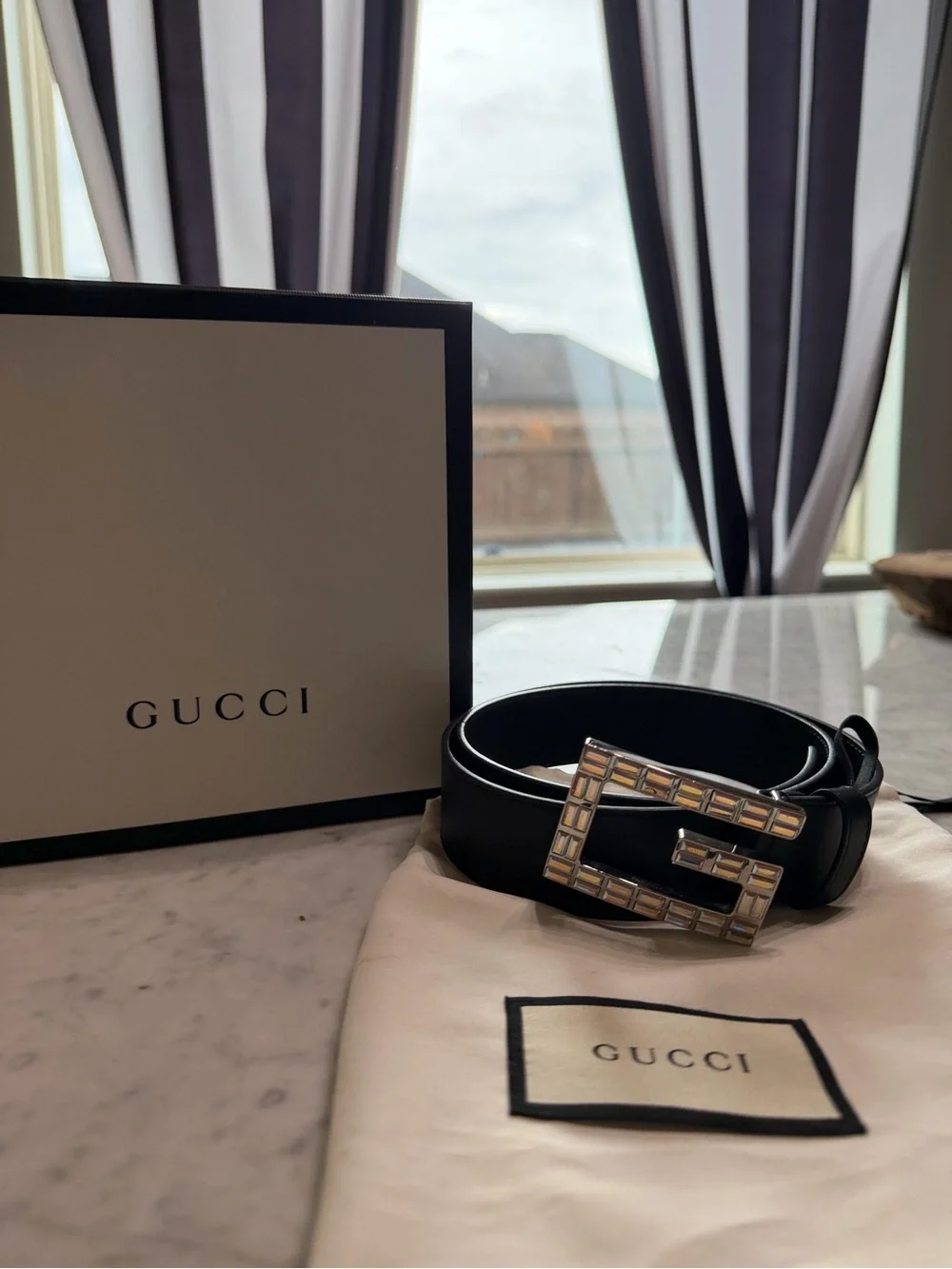Gucci Crystal Interlocking G Leather Belt Black Size 80/32 NWT Box & Dust Bag